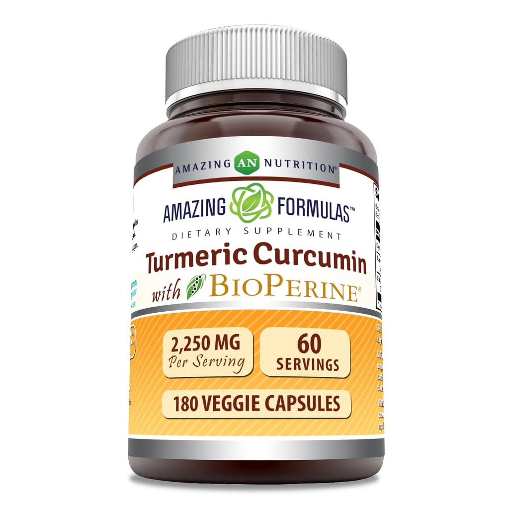 Amazing Applicas Turmeric Curcumin s bioperine dodatek 124; 2250 Mg per Serving Applications 124; Veggie Kapsle 124; Non-GMO curcumin 124; Gluten- Free curculin 124; Made in USA (1 balení, 180 Počet)