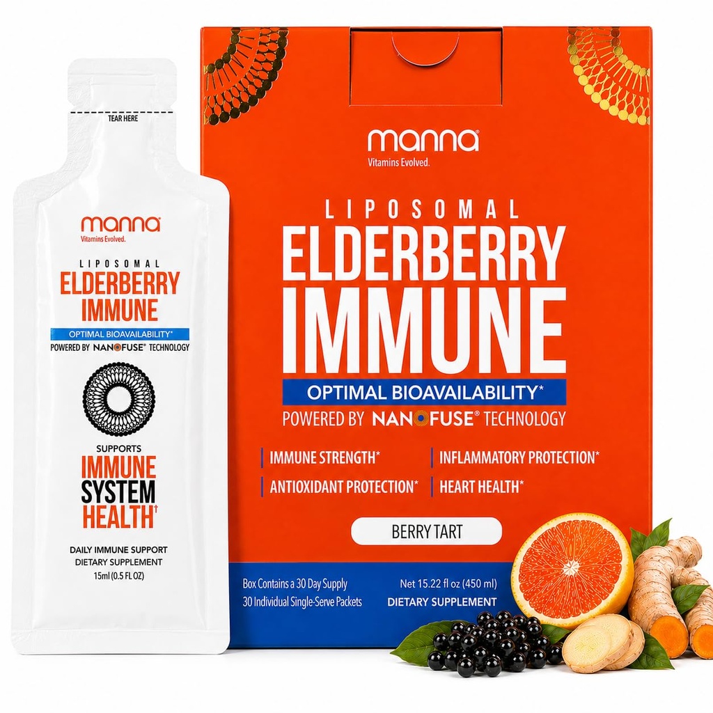 Manna Vitamíny Evolved Liposomal Elderberry imunitní pakety, Vitamíny C, D atd. - Denní imunitní podpora pro dospělé, děti - Sugar Free, Real Elderberry Extract, Syrup, Travel- Friendly, 15 Pack