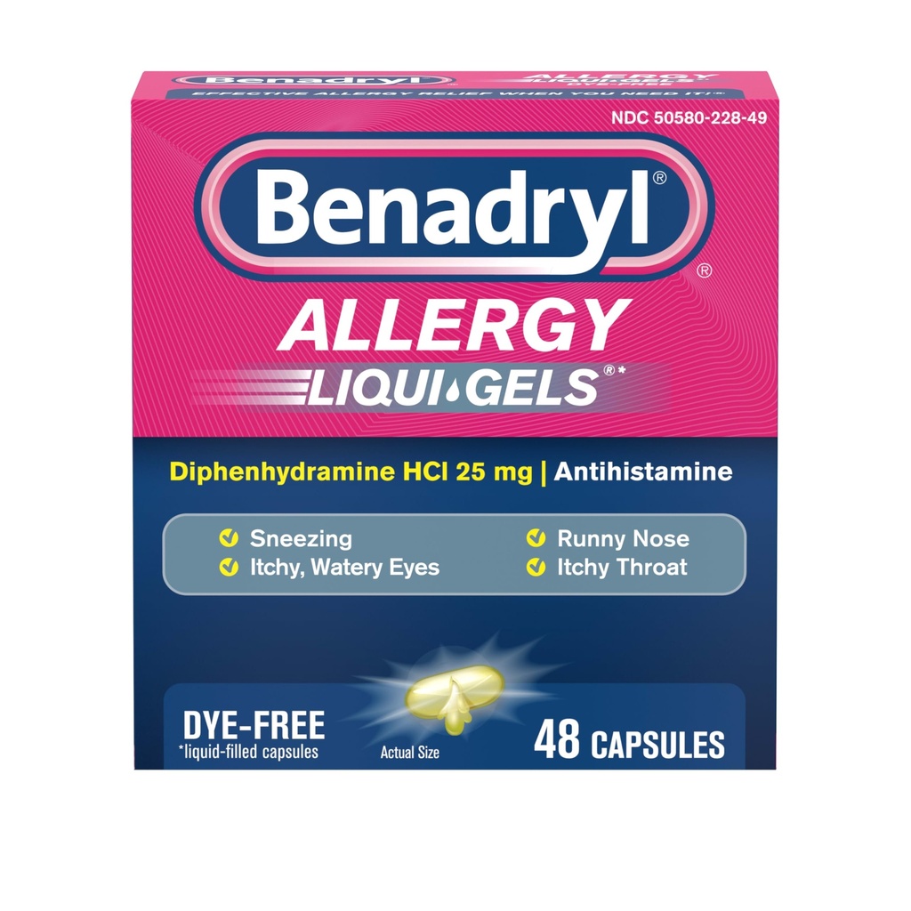 Benadryl Liqui- gels Antihistaminika Alergie Medicine & Cold Symptom Relief, Dye- Free Liquid Gels s 25 mg difenhydraminu HCl pro příznaky, jako je, Runny Nose, Nuzing & More, 48 ct