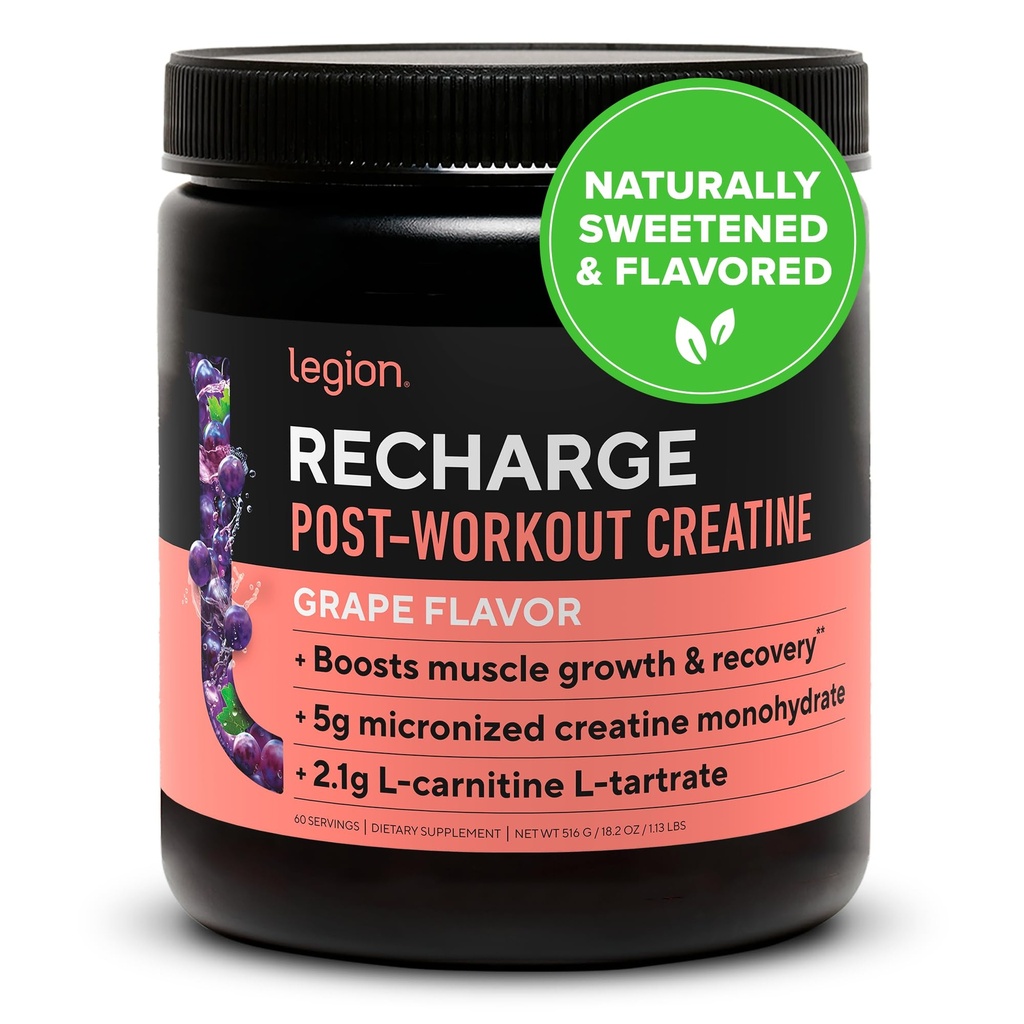LEGION Recharge Post Workout Dodatek - Všechny přírodní svalů Builder & Recovery nápoj s mikronizované kreatin Monohydrát. Přirozeně slazené a ochucené, bezpečné a zdravé. (Grape, 60 Serving)