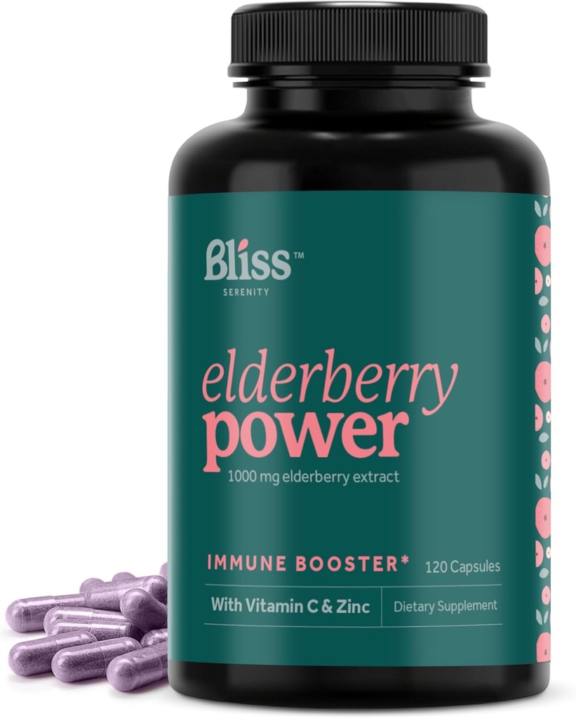 Bezinky se zinkem a vitaminem C pro dospělé - Sambucus Elderberry Kapsle - 1000 mg Extract, Imunitní Supplement pro ženy a muže, s antioxidačním ovocným mísením, 120 Vegcaps, 60 Day Supply