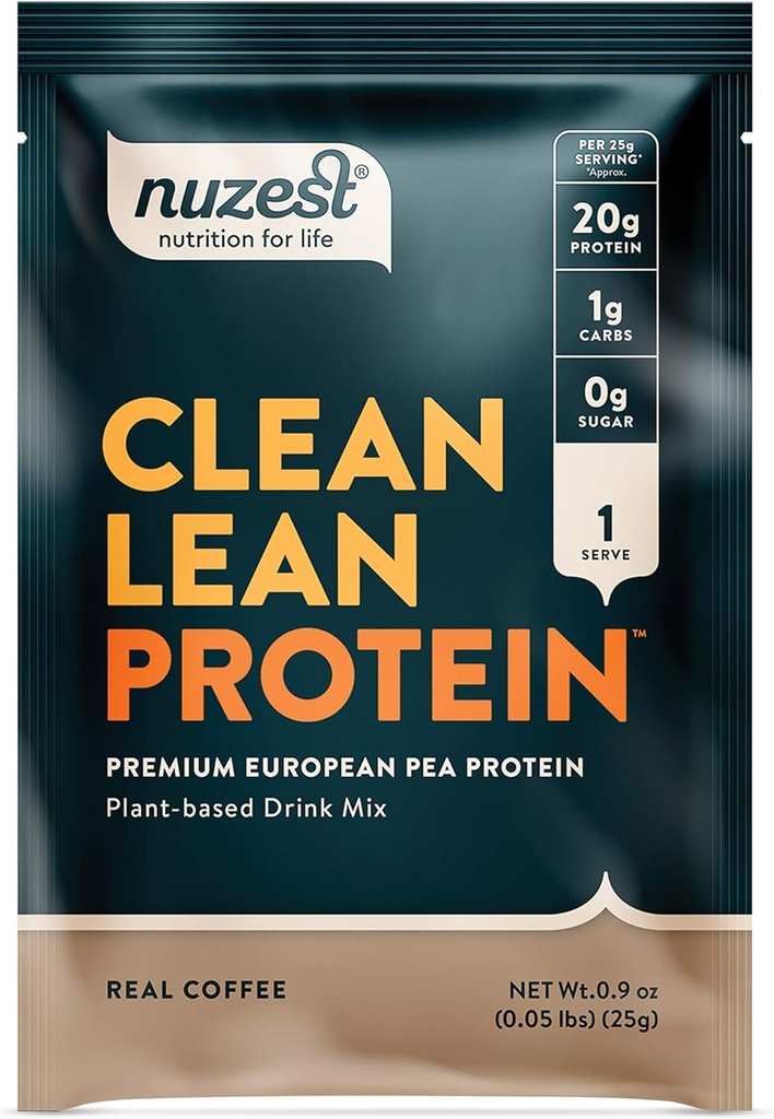 Nuzest - Pea Protein Powder - Clean Lean Protein, Premium Vegan Plant Based Protein Powder, Dairy Free, Gluten Free, GMO Free, přirozeně slazený protein Shake, Real Coffee, 1 Serving, 0.9 oz