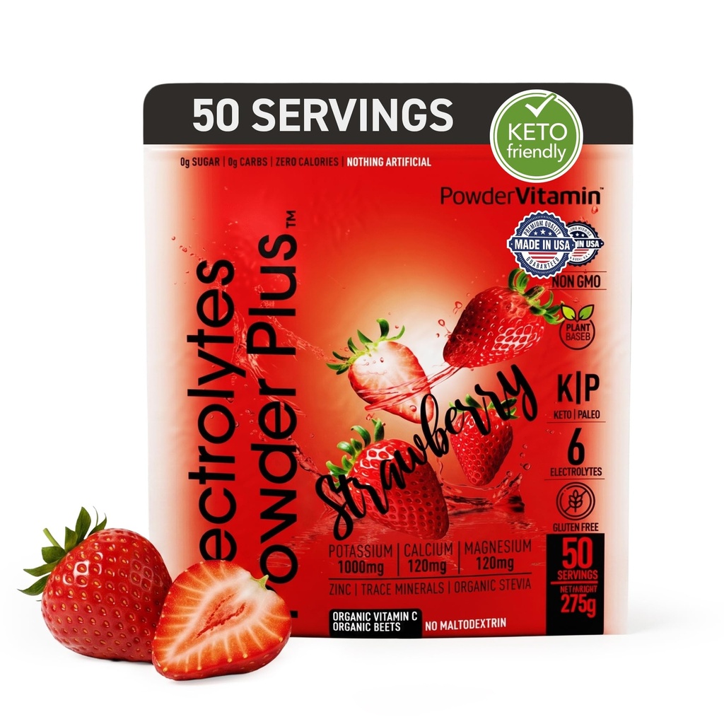 PowderVitamin Electrolytes Powder Plus Keto, Strawberry (50 Serving) 0 Cukr, No Maltodextrin, 1000mg draslík, 120mg vápníku, 120mg hořčíku, organického vitaminu C, nulové kalorie, energie hydratační prášek