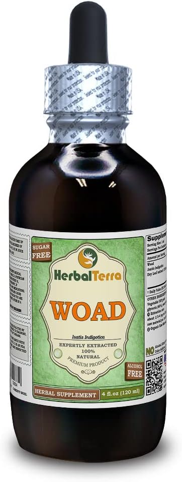 Vlna (Isatis Indigotica) Glycerit, sušený listí Alcohol- Free Liquid Extract (Značka: HerbalTerra, Proudly Made in USA) 4 fl.oz (120 ml)