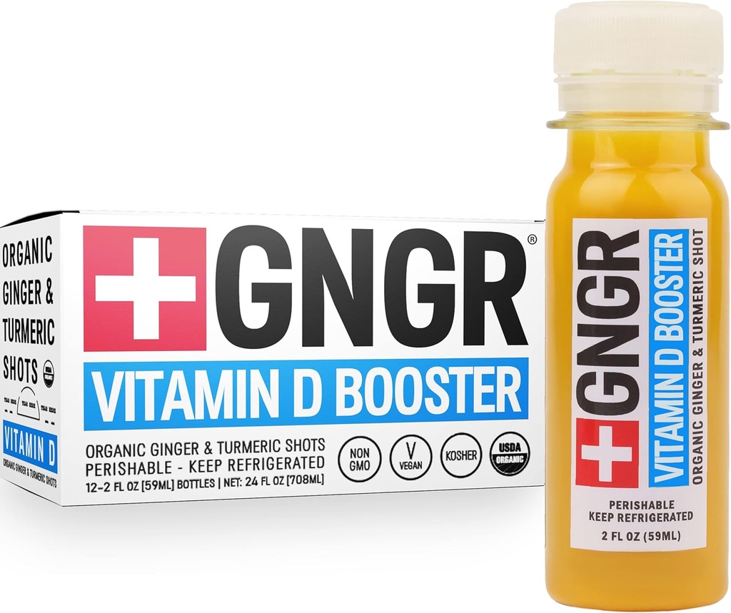 + GNGR vitamin D Booster - Tropická imunita Booster Edition Cold- Pressed Ginger Shot with Ananas, Passion Fruit, Orange, Turmeric & Vitamin D3. Mood, Immunity & Energy. 2 fl oz (Pack of 12)