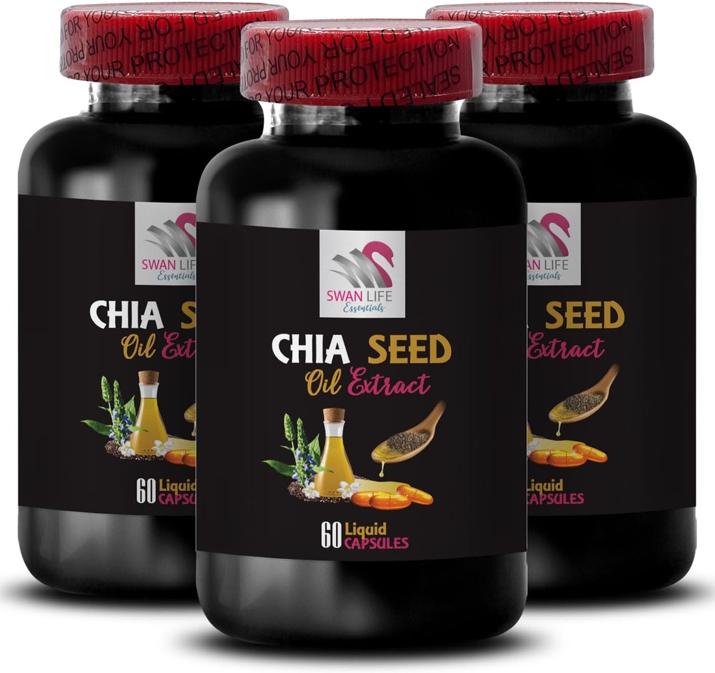 Plant- based oil - CHIA SEED OIL EXTRACT - Hydratační olej, Bohatá textura, Péče o vlasy, Glossy povrch, Přírodní lesk, Chia výhody, Lehká textura, Čistá hydratace, Tělesný olej, Glow olej 3 Lahve 180 Caps
