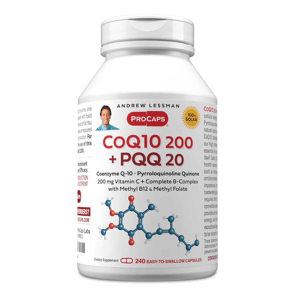 ANDREW LESSMAN Koenzym Q- 10 200 Plus PQQ 20mg - 240 Kapsle - Udržuje hladiny CoQ10, Optimum Cellular Energy, Podporuje výrobu energie, srdce, mozek, játra, ledviny, pankreaty. Žádné doplňkové látky