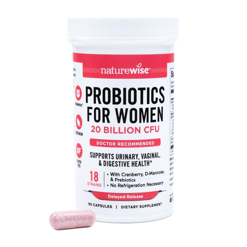 NatureWise Probiotika pro ženy + Organic Prebiotics D- Mannose & Cranberry - Vaginální Probiotika pro PH Balance, Digestive & Močové Tract - 18 Straines, 20 Billion CFU - 60 Kapsle [60- Day Supply]