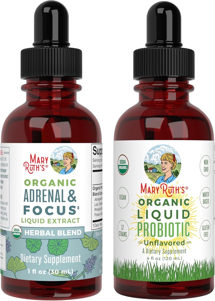 MaryRuth Organics Probiotický dodatek pro ženy Muži Děti & Adrenal zdraví & Focus Dodatek, 2-Pack Bundle, Stravovací & Gut zdraví, Cortisol zdraví, Stress Relief, Focus Nootropní Mozek Dodatek