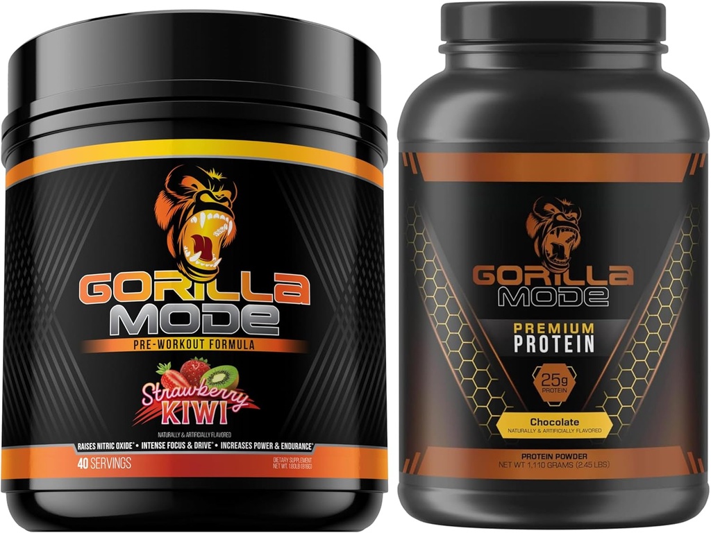 Gorila Mind Pre Workout (Strawberry Kiwi) + Premium Whey Protein (Chocolate) - Komplexní zásobník pro Fueling Maximální výsledky