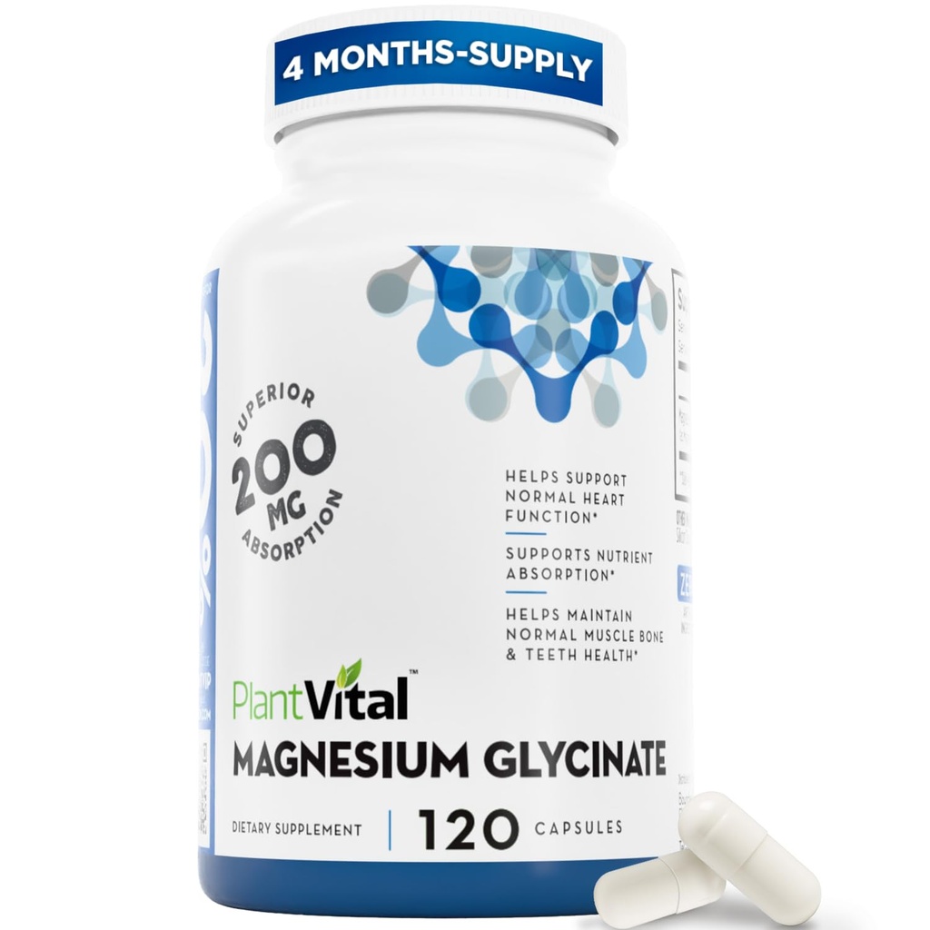 PlantVital Magnesium Glycinate 200mg - Supports Restful Sleep, Muscle & Nerve Function, Normal Heart & Bone Health - Feel Calm & Relax - Vegan, Third Party Tested, Gluten Free, Non-GMO - 120 Capsules
