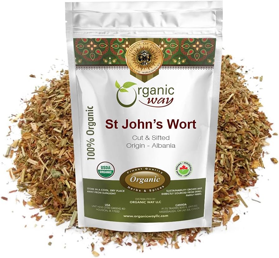 Organic Way St. John 's Wort Cut & Sifted (Hypericum perforatum) - Bylinný čaj 124; European Wild- Harvest CU124; Organic, Kosher & USDA Certified CU124; Vegan, Non GMO & Gluten Free CU124; Původ - Albánie (8 Oz)