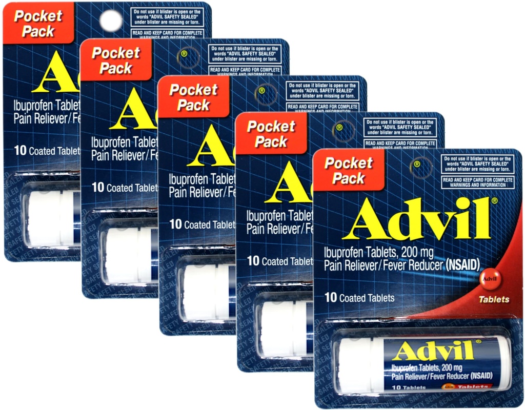 Advil Ibuprofen 200mg (NSAID) Pocket Pack, 10 potahovaných tablet (balení po 5)