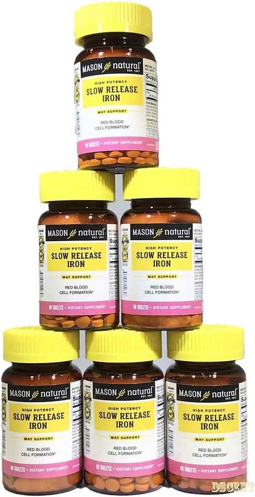 Mason Vitamíny Pomalé uvolňování železa Porovnat s Aktivními složkami v Pomalé Fe, 60 Tablety? er Lahvička balení 6 lahví Celkem 360 Tablety 6