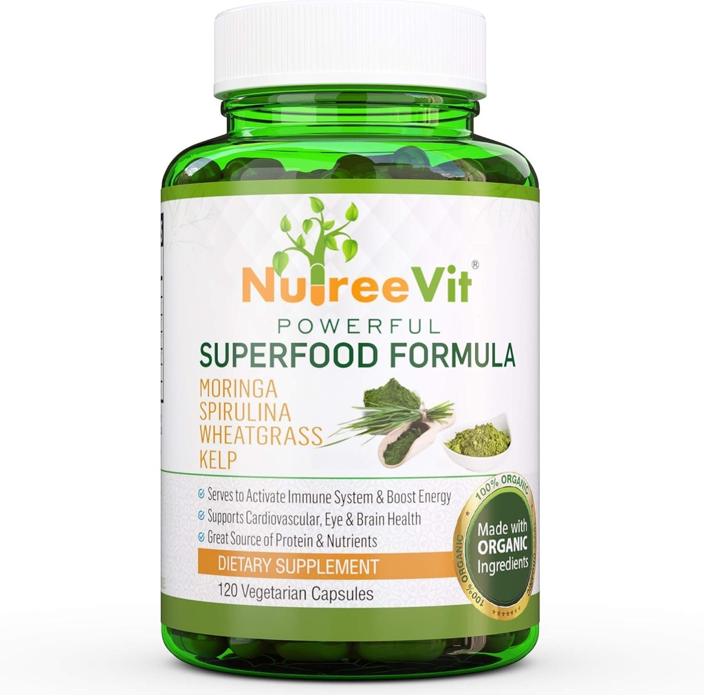 NutreeVit 100% Organic Powerful Superfood Formule - imunitní systém Booster Energy Pills s Moringa, Spirulina, Wheatgrass, a Kelp - 90 Count Bottle