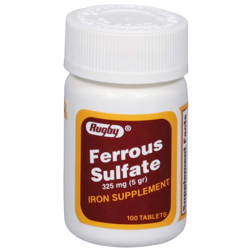 Rugby Ferrous Sulfath 325mg Tablety - Železný dodatek pro ženy a muže - 100 Počet (1 balení)