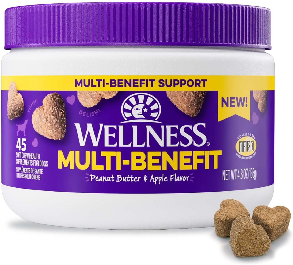 Wellness arašídové máslo a jablečné ochucené měkké Chews Multi- benefit doplňky pro psy, 45 Počet
