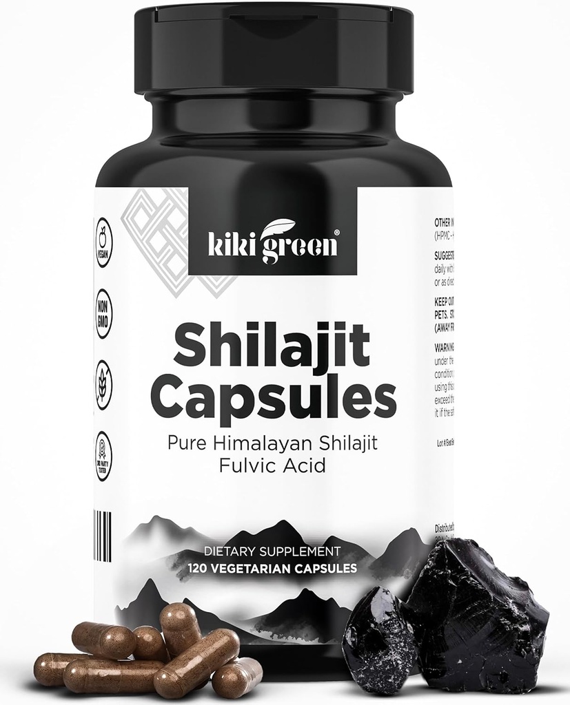KIKI Green Shilajit Kapsle - Himalájský dodatek, 40% Fulvic kyseliny a stopové minerály - 500 mg na porci pro sílu, energii, imunitu - 120 Vegan Count