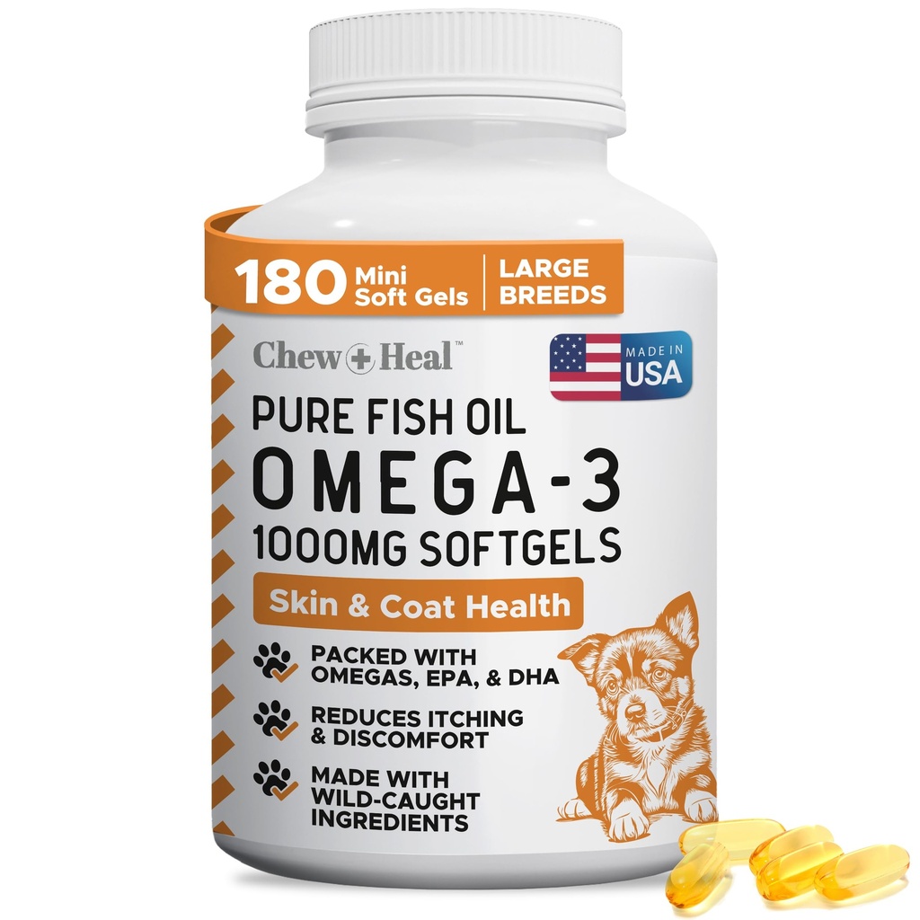 Wild Chycený Omega 3 Rybí olej pro psy - 180 Softgel Kapsle pro zdravou pleť a kabát - Velké 1000 mg Dog Fish Oil pilulky pro vypouštění, suché svědění kůže, a horké Spots - Pet Omega Salmon dodatek
