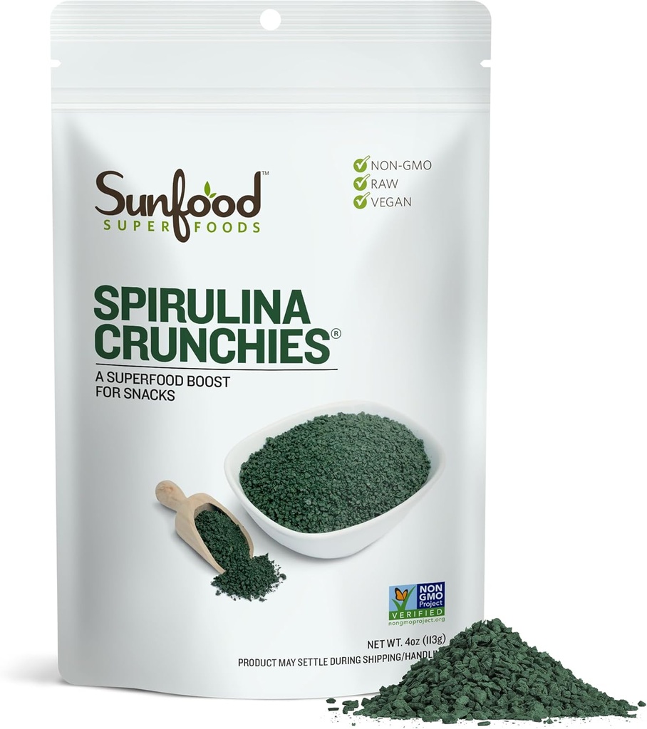 Sunfood Superfoods Spirulina Crunchies - Blue Green Algae, Spirulina Tablety, Chlorofyl Energy Bits from Sured Powder, Raw Vegan Algae Supplement, Non- GMO - 4 oz Bag