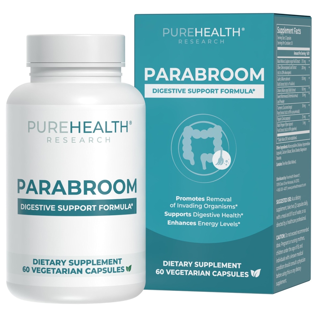 PURECHEALTH VÝZKUM Parabroom - Gut Cleanse & Health Supplement - s černým ořechem, Sweet Wormwood Powder, Kurmerský extrakt, Olive Leaf, Česnek & Cibule - Digestivní podpora žen & Muži 60 Kapsle