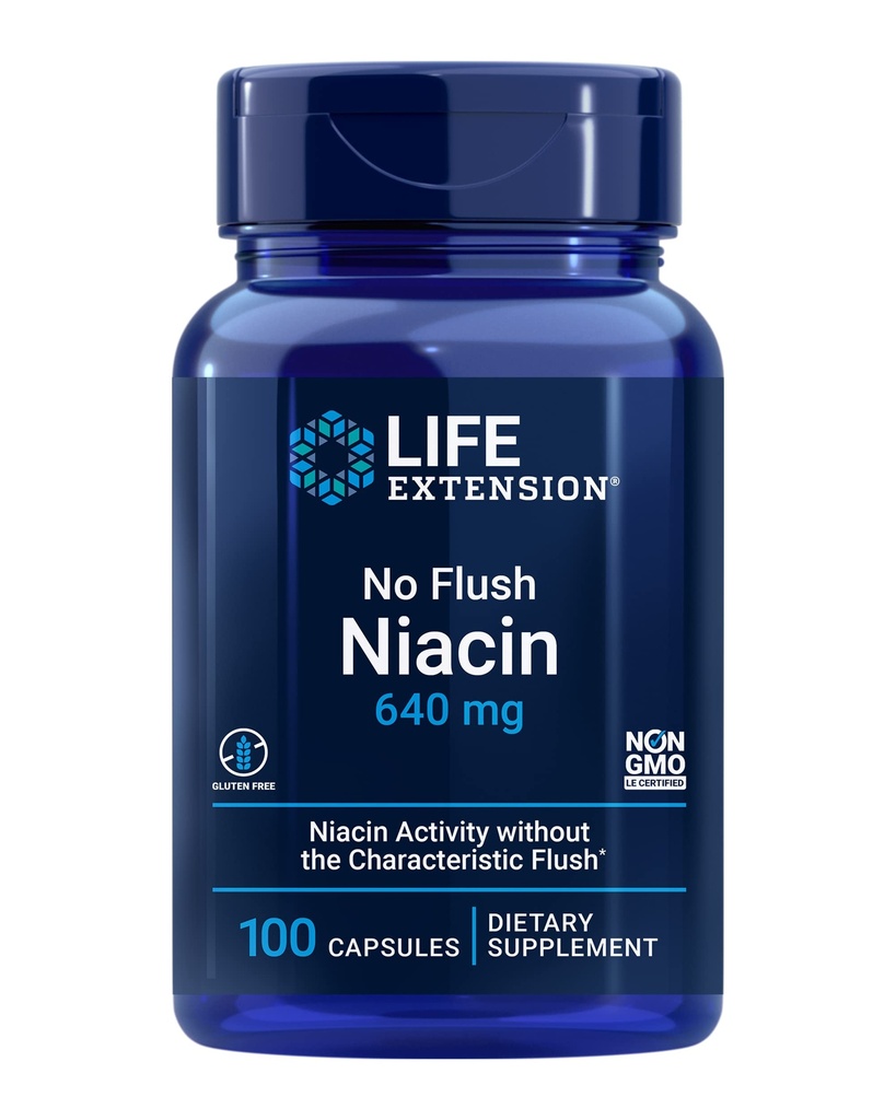 Life Extension No Flush Niacin, B3 for Heart Health, Cholesterol & Energy Support, Non- GMO, Gluten- Free, 100 Kapsle