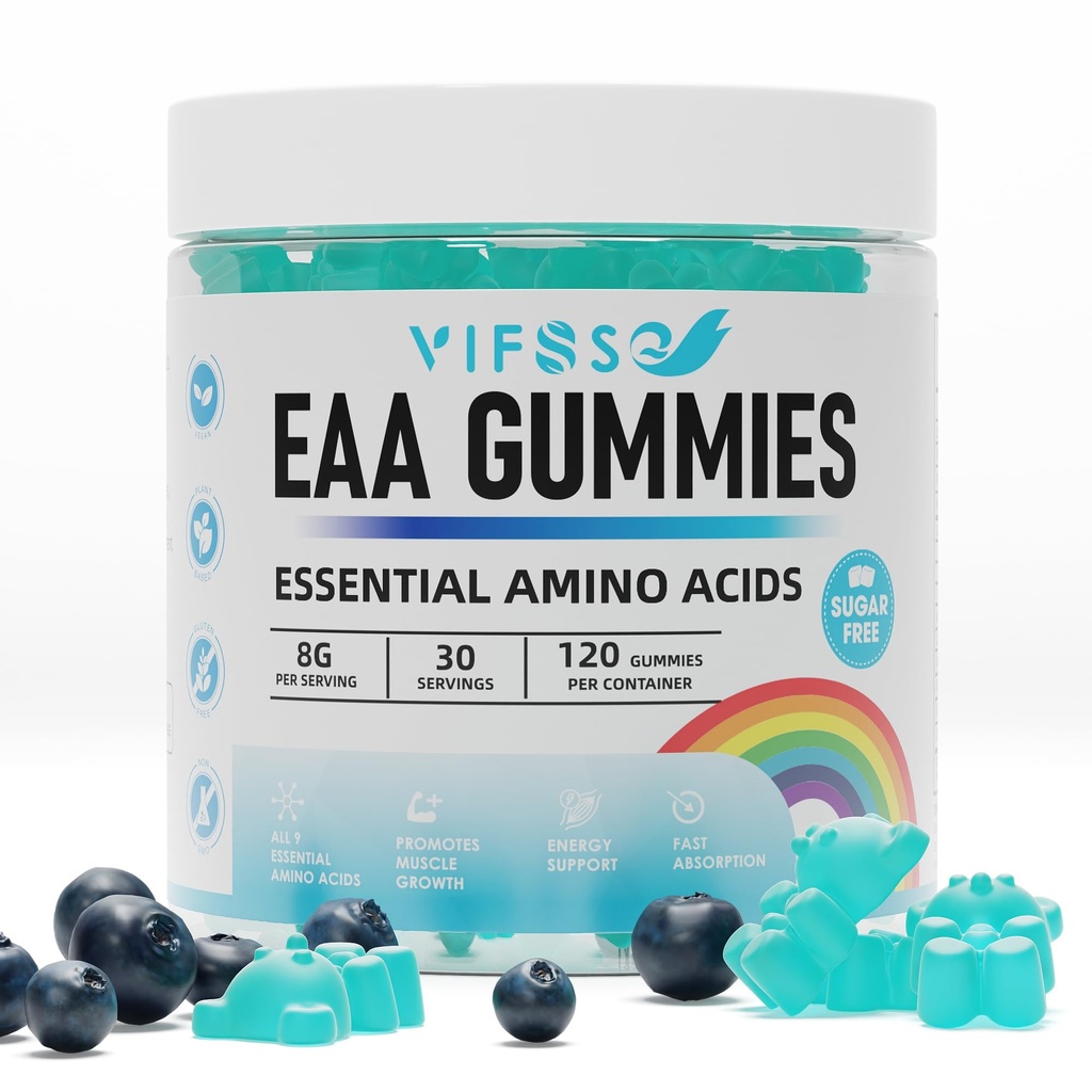 EAA Gummies 120 Gummies (Blue Raspberry), Essential Amino Acids - All 9 Essential Aminos (EAA) and All Branched- Chain Aminos (BCAA), Non- GMO, Gluten Free, Vegetarian Friendly