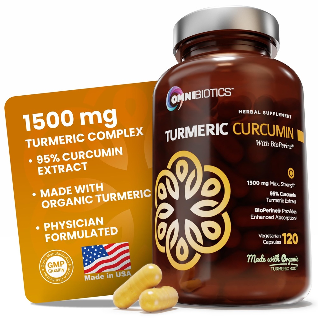 OmniBiotics Organic Turmeric Curcumin Supplement with Black Pepper Extract - 1500mg Turmeric with 95% Curcuminoids & BioPerine, High Absorption for Joint Support - 120 Vegan Capsules