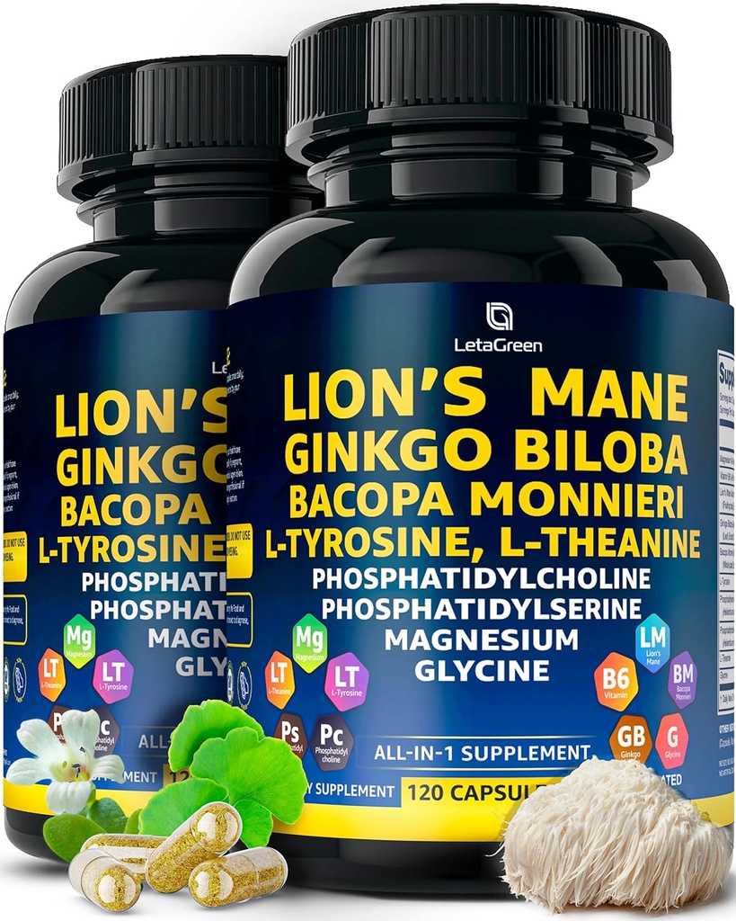 Doplněk k Organic Lions Mane Kapsle - 240 Skutečné houbičky Lví hřívy Kapsle s Ginkgo Biloba Herb, Bacopa Monnieri, L Theanine, L Tyrosin - Houbový komplex pro denní wellness