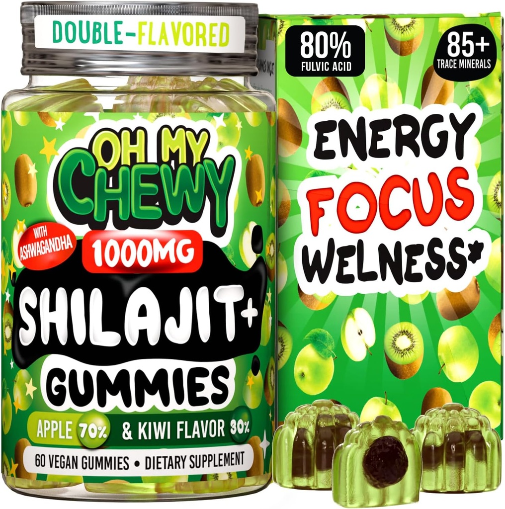 Čisté himalájské shilajit gumies - High potency Gold Grade Resin - Energy Boost a imunitní podpora pro muže a ženy s Ashwagandha a Shatavari - Apple & Kiwi