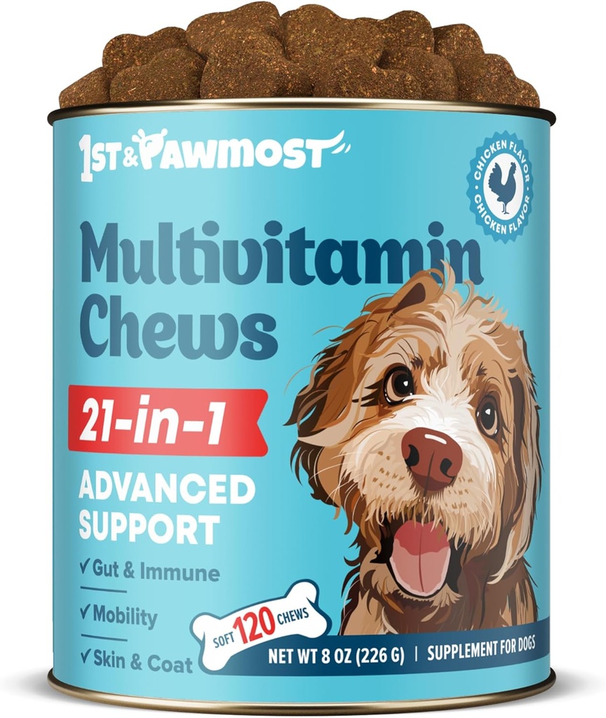 21-in-1 Dog Multivitamin - Dog Vitamíny a doplňky pro seniory psů a štěňata - Multivitamin pro psy pro pleť, kabát, srdce, imunitní podpora - Pes Multivitamins Žvýkací Žvýkací nástroje pro společnou podporu -120ks