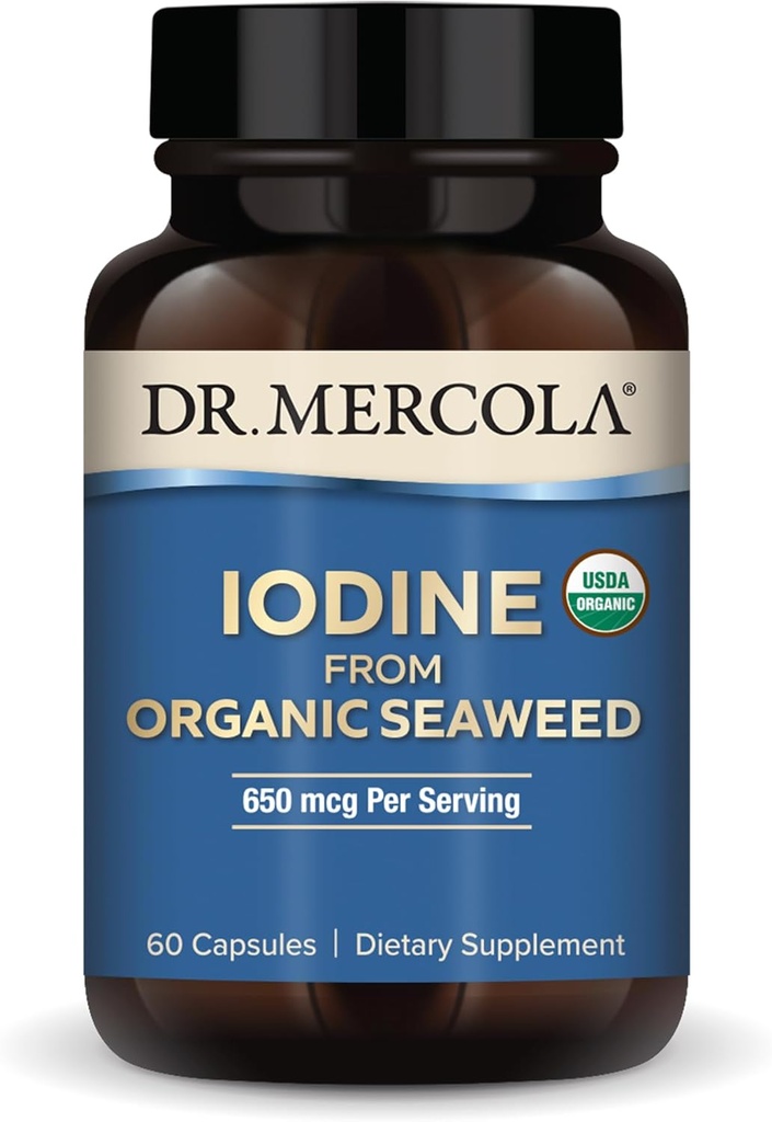 Dr. Mercola jód z Organic Seaweed, 650 mcg Per Serving, 30 Servings (60 Kapsle), Dietní dodatek, štítné žlázy a podpora energie, Non- GMO, USDA Organic