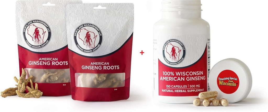 Dairyland American Ginseng Roots 16 oz and Capsules 150 ct Pack of Wisconsin Ginseng - Direct from Farmer to Consumer Ginseng