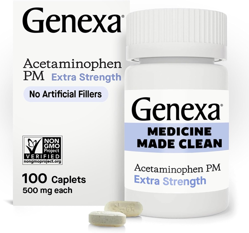 Genexa Clean Acetaminofen PM 500mg Extra Strength, Barvy Free Pain Reliever, Nighttime Sleep Aid, Horečka Reducer, 0% Umělé přísady, Zmírňuje bolest hlavy, Bolest zad, Menší artritida Bolest, 100 tablet