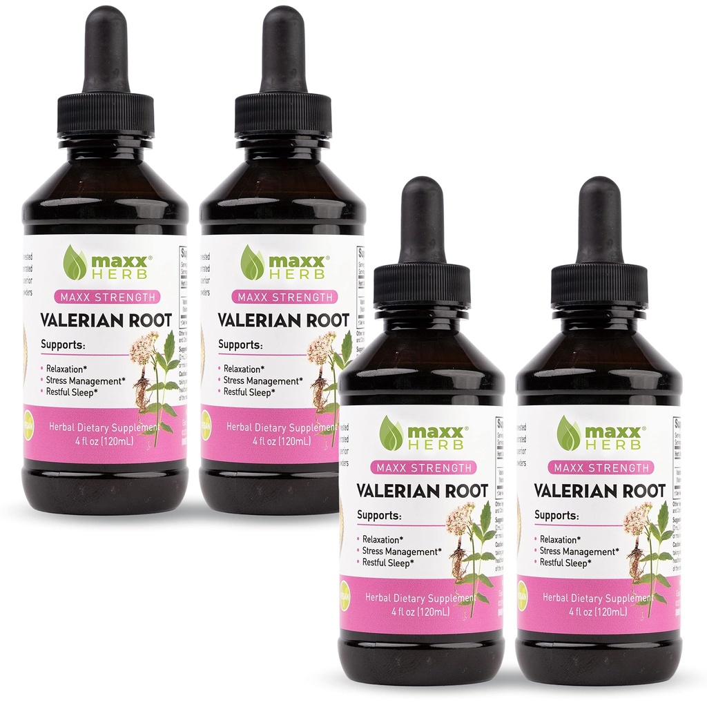 Maxx Herb Valerian Root Extract - Max síla, Liquid Valerian Root Absorbs lepší než kapsle, pro relaxaci a klidný spánek, Alkoholicko-Free - 4 láhve, 4 Oz každý (240 Servings)