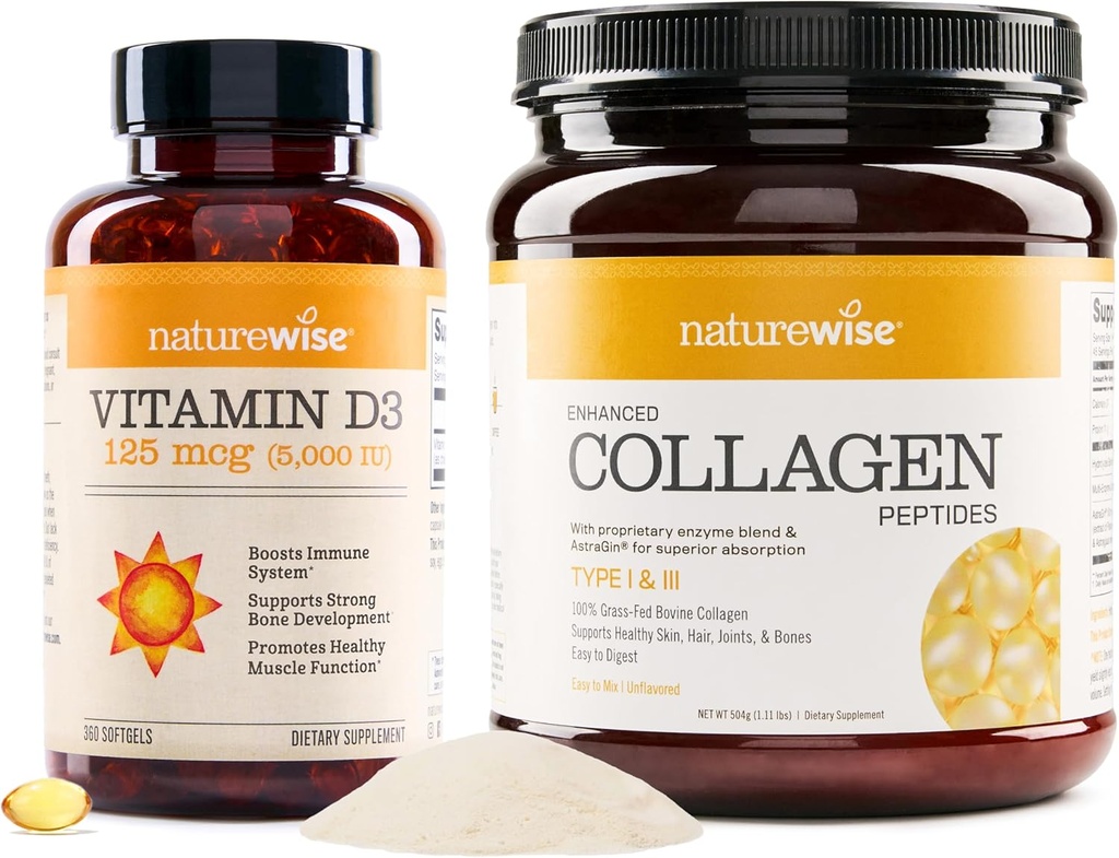 NatureWise Vitamin D3 5000iu (125 mcg) 1 rok dodávky pro zdravé svalové funkce zlepšené Collagen Peptides (45 Služeb) - Hydrolyzované typu I & III