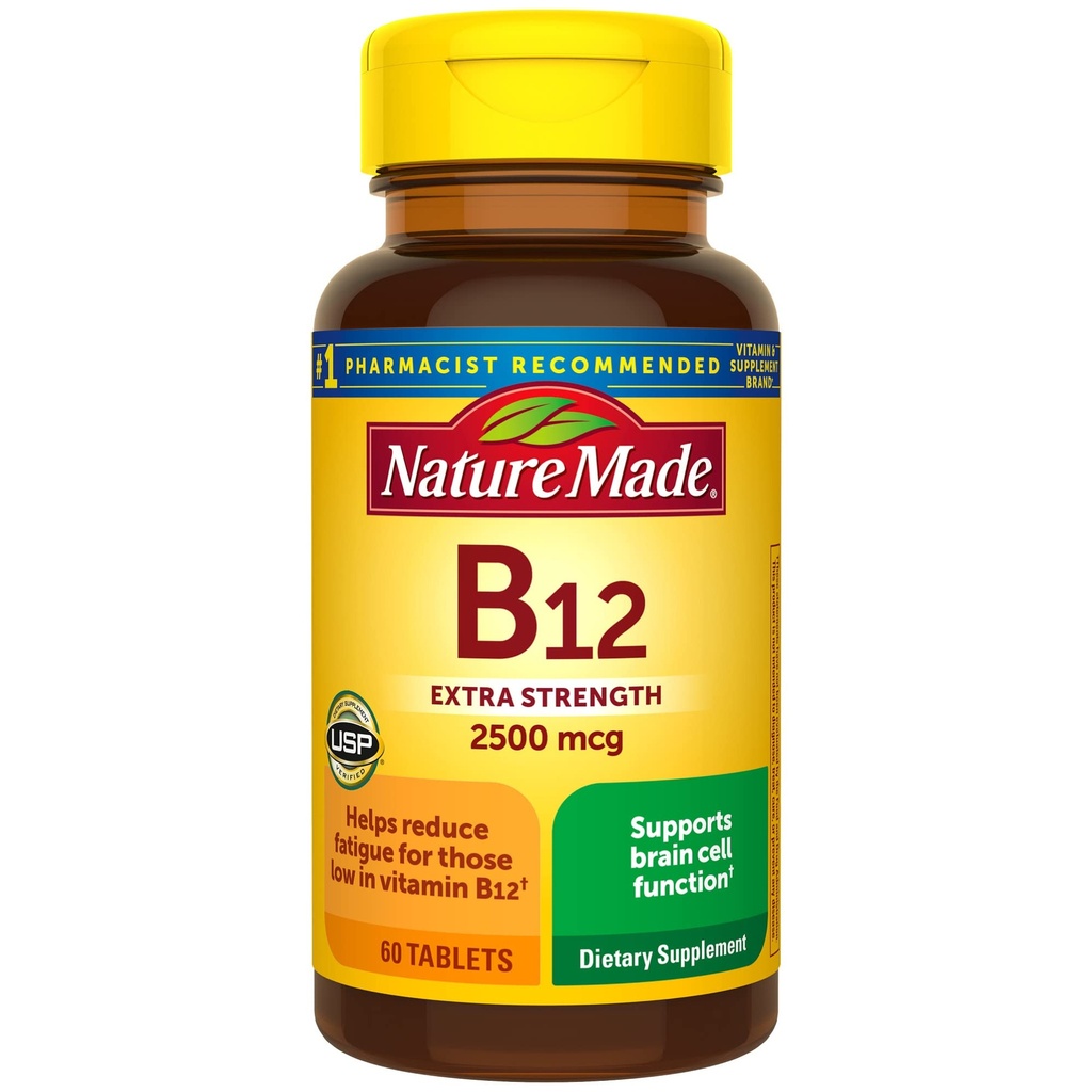 Nature Made Extra Strength Vitamin B12 2500 mcg, Dietní dodatek pro podporu metabolismu energie, 60 Tablety, 60 denní dodávka
