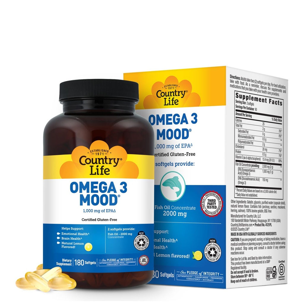 Country Life Omega 3 Rybí olej dodatek - Vysoká koncentrace EPA a DHA Omega 3 mastné kyseliny - 2000mg Rybí olej pro emocionální zdraví, Mood Support, a No Fish Taste - Natural Lemon Flavor