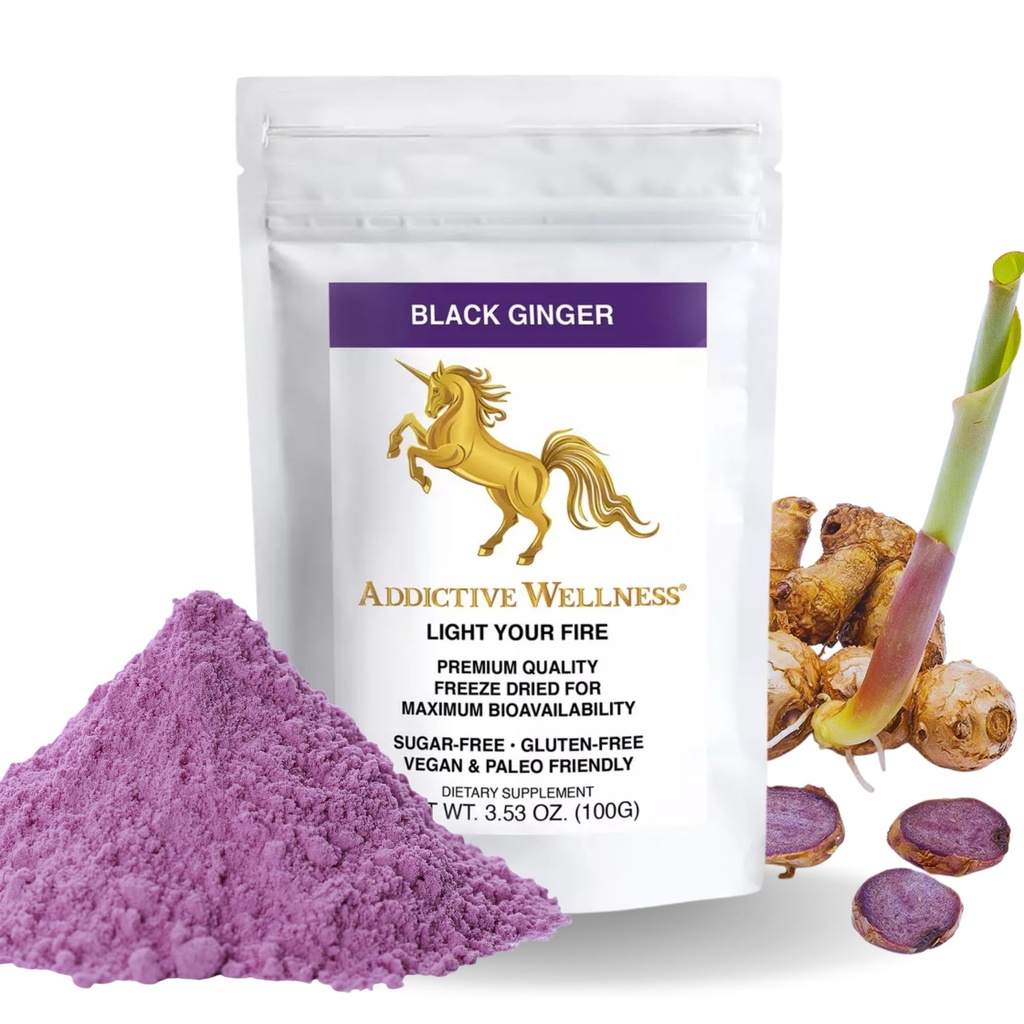 Addictive Wellness Thai Black Ginger pro muže, Thai Black Ginger dodatek k podpoře energie metabolismus, vytrvalost a výkon, Freeze Sured Black Ginger Powder, 100 Grams, Vegan & Paleo