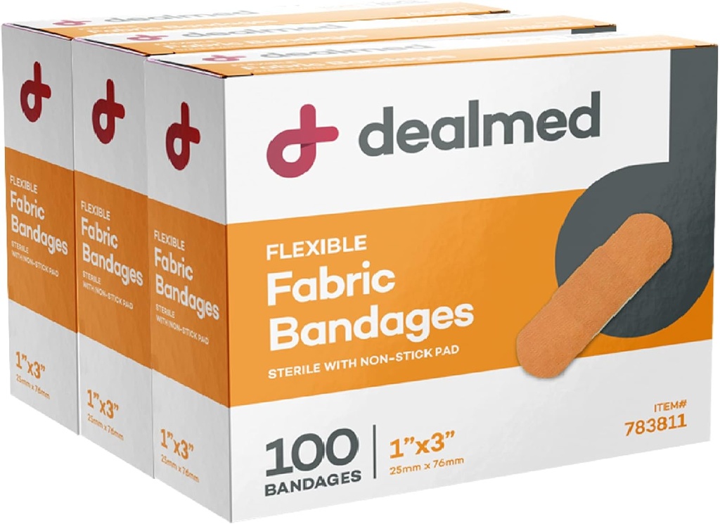 Dealmed Sterilní flexibilní adhezivní náplasti - 1x3 Inch - 100 / Box - 3 Boxy - Dýchací páska první pomoci - měkká náplň pro lékařské, nouzové kity a kliniku