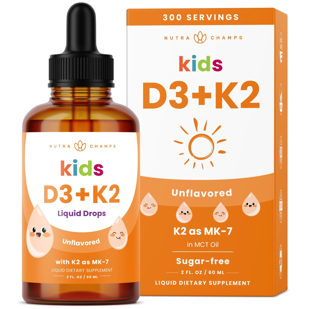 NutraChamps Kids Vitamin D 3 K2 Drops, Vitamin D3 & K2 MK-7, Tekutý vitamin D pro děti 1000 IU, Zdravé kosti, Srdce a imunitní systém, Supplement cukru zdarma pro Toddlers, 300 Služeb