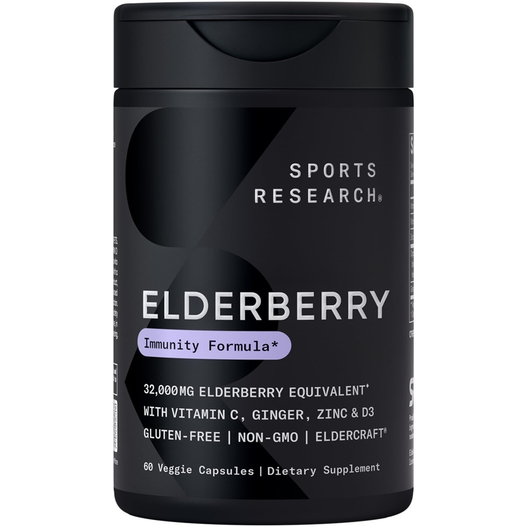 Sportovní výzkum Black Elderberry se zinkem, Vitamin C, & Vitamin D, Imunitní podpora doplněk pro dospělé, 60 Kapsle