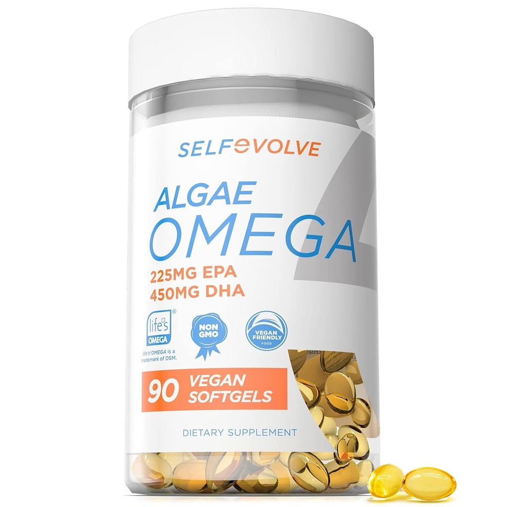 Řasy Omega 3 1,500mg - Veganský dodatek s patentovaným životem Omega 3 - Vysoká dávka EPA & DHA - Lepší než rybí olej - Podporuje srdce, mozek, společné zdraví - 90 Veganských Softgels