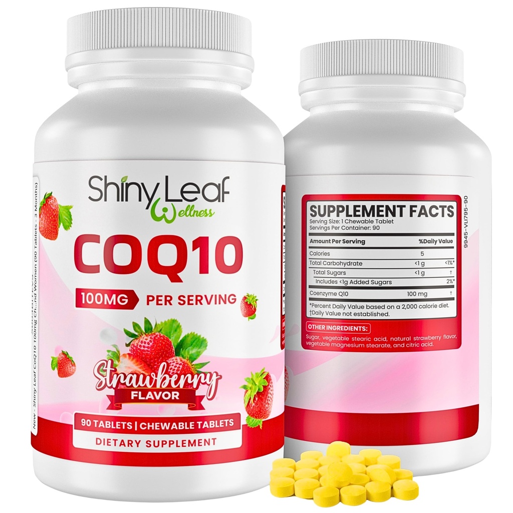 Shiny Leaf CoQ10 100mg - Žvýkací CoQ10 dodatek - Coenzym Q10 pro srdeční zdraví a energii - Přírodní Co Q 10 dodatek pro kardiovaskulární Wellness - 100mg Žvýkací tablety, 90 tablet, Made in USA