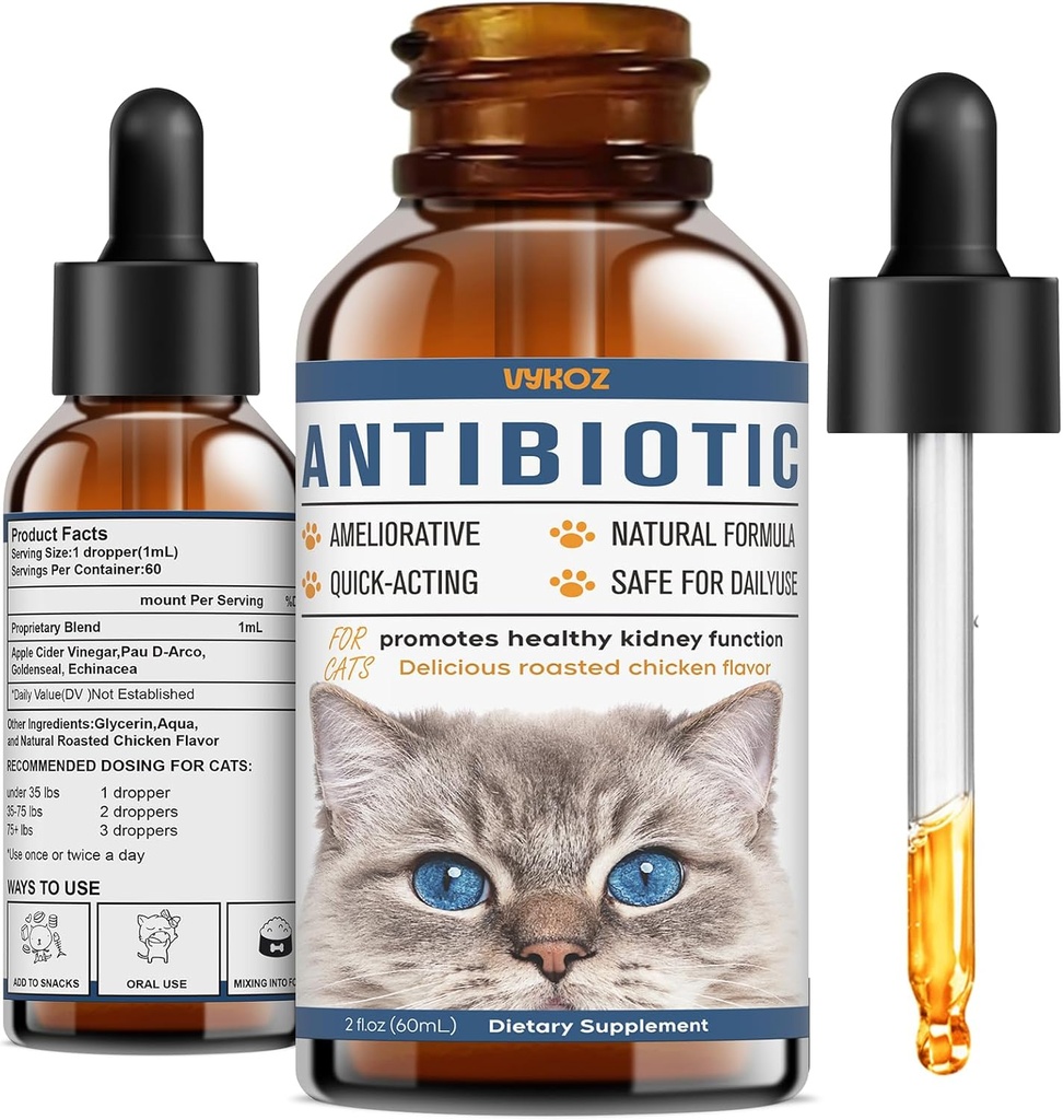 Antibiotika pro kočky - Přírodní kočičí antibiotika pro alergie Itch Relief, Imunitation Boosting - Antibiotika pro imunitní boosting, Infekce močových cest - Doplňkové vitamíny pro kočku a psa, 2 fl oz