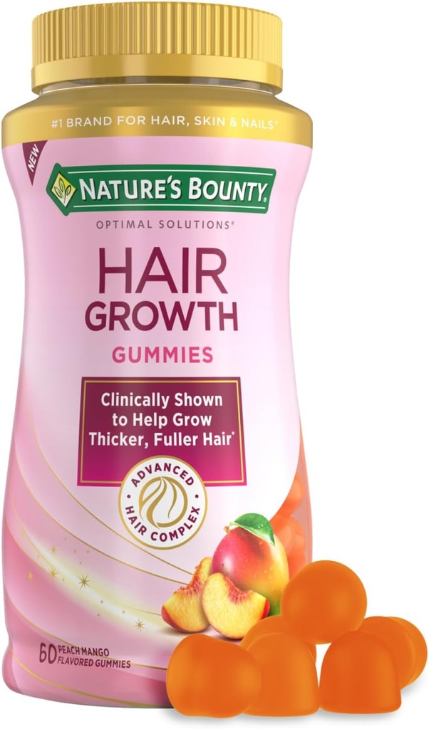 Příroda je Bounty růst vlasů gumy pro podporu silnější, Fuller vlasy s biotin, křemík & arginin, broskvový mango Flavor - gluten zdarma, Obsahuje bez laktózy, sodík nebo ryby, 60 Počet / 30 Služeb