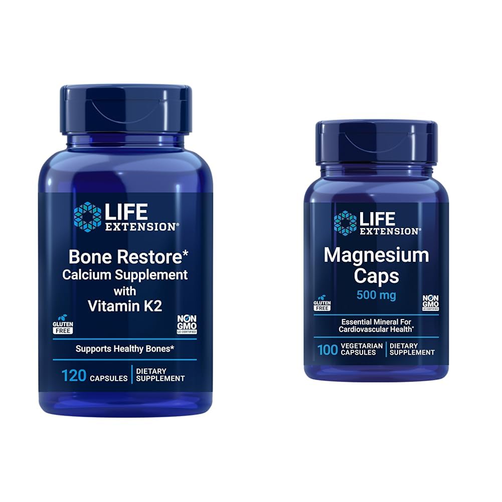 Life Extension Bone Resore + Vitamín K2 Vitamíny & Minerály Udržovat kostní zdraví & Síla & Magnesium Caps, 500 mg, oxid hořečnatý, Citrát, Sucinate, Heart Health, Zdravé kosti