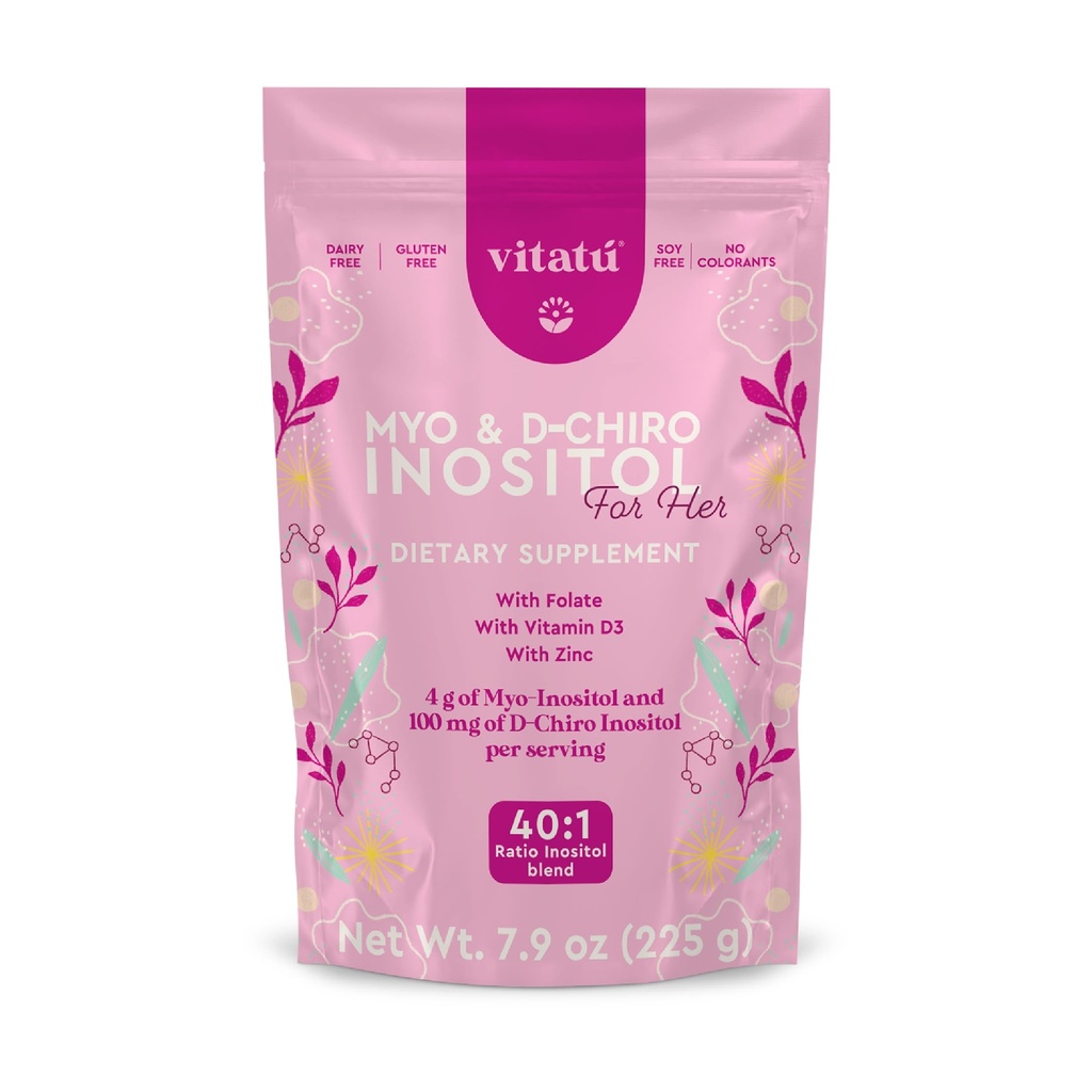 Myo Inositol (4g) & D- Chiro Inositol (1g) Ideální mix 40: 1 Iron 124; Trvání 45 dní IR 124; s kyselinou listovou + vitamin D3 + zinek, Práškový doplněk stravy pro ženy (225 g)