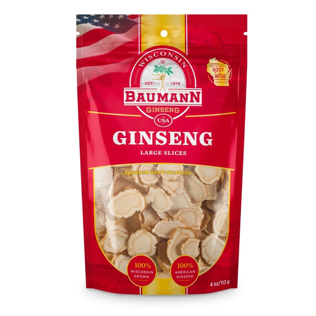 Baumann Wisconsin Ginseng - Velké plátky 4 oz - 100% přírodní Panax Ginseng Herb, čistý sušený americký ženšen pro imunitní podporu, zvýšené soustředění a energii