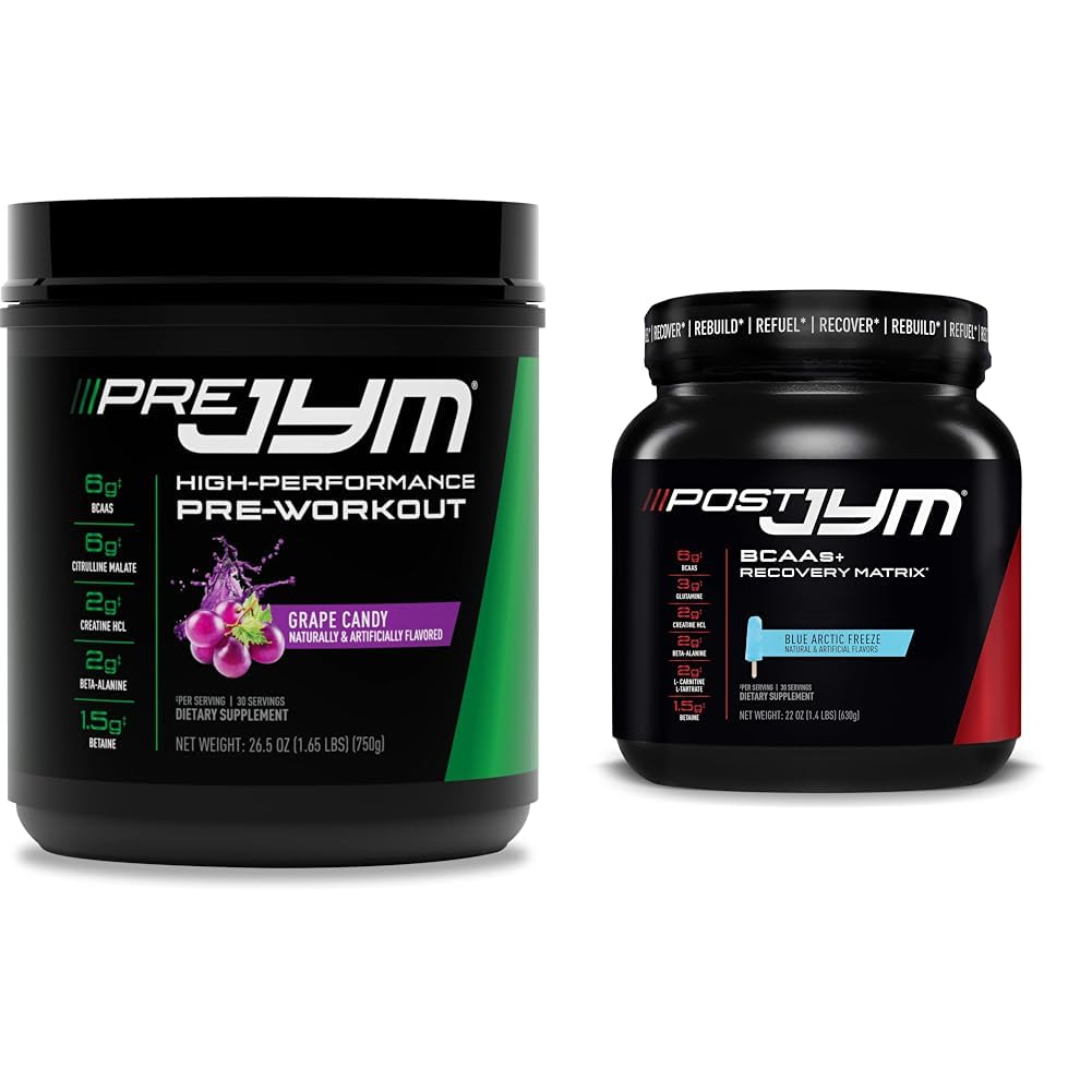 Pre JYM Grape Candy Pre Workout, Post JYM Active Matrix Post- Workout s BCAA, Creatine HCI, Beta- Alanin PRES124; 30 Servings Each